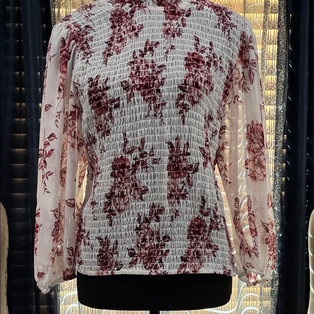 Express Shirred Floral Blouse - Burgundy and White